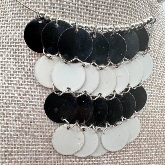 Vintage 90s Modern Black White Enamel Disc Bib Choker Metal Torque Women Jewelry - Picture 4 of 8